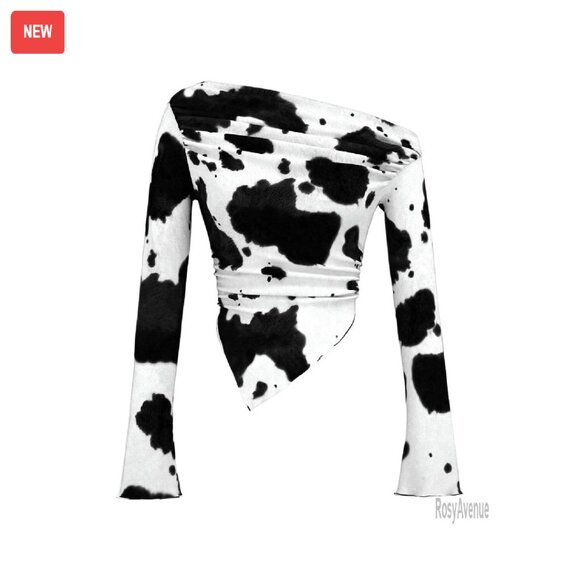 One Shoulder Cow Print Crop Top Long Bell Sleeves Ruched Asymmetrical - Picture 1 of 4